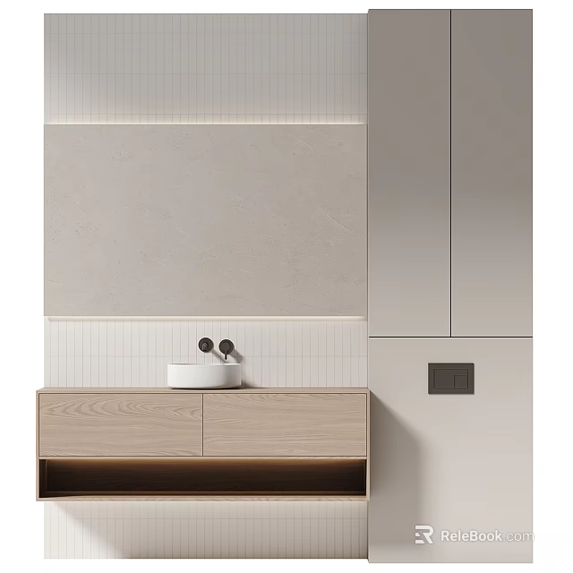 Modern Bathroom Interior Design With Wooden Vanity White Basin And Light Tiled Wall 3d model 