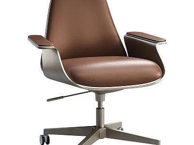 Brown Leather Office Chair With Modern Design And Metal Swivel Base Armrests 3d model