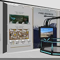 Organic Exhibition Area With White Display Wall Wooden Shelves Colorful Icons And Information Texts