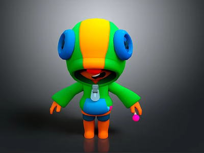 Colorful Game Movie Character 3D Model With Yellow Green Hood Large Blue Eyes Holding Pink Object 3d model