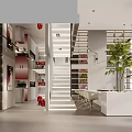 Modern Public Office Space With Open Layout White Desks Chairs Green Plant Staircase And Bookshelves