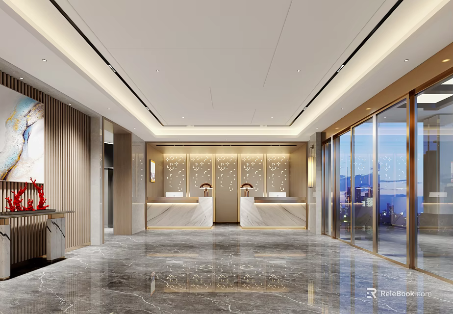 Hotel Lobby Interior Featuring Modern Design Reception Desks Marble Floor And Glass Doors 3d model 