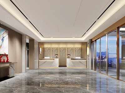 Hotel Lobby Interior Featuring Modern Design Reception Desks Marble Floor And Glass Doors 3d model