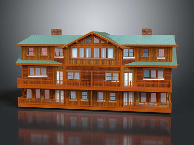 Cartoon Style Wooden House Scene With Green Roof Multi Story Balconies And Chimneys 3d model