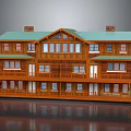 Cartoon Style Wooden House Scene With Green Roof Multi Story Balconies And Chimneys