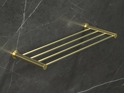 Golden Bathroom Towel Rack With Modern Design Mounted On Dark Gray Marble Wall 3d model