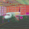 Passenger Airliner in Maintenance Hangar with Yellow Ladders Equipment and Metal Structure Lighting