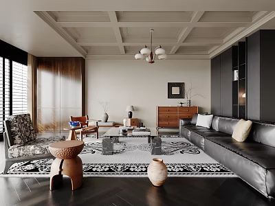 Modern Living Room With Black Leather Sofa Beige Cushions Geometric Rug Wooden Cabinet And Chandelier 3d model