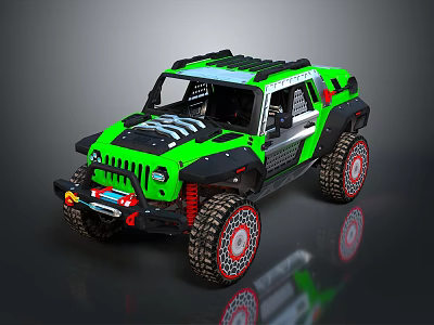 Green Off Road Vehicle With Black Roof Large Tires And Stripes Design 3d model