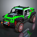 Green Off Road Vehicle With Black Roof Large Tires And Stripes Design
