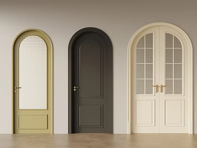 Three Stylish Swing Doors in Green Dark Gray Cream with Arched Top and Glass Panels 3d model