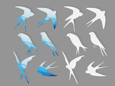 Flying Animals Swallow Silhouettes Featuring Blue And White Designs In Different Flying Poses 3d model