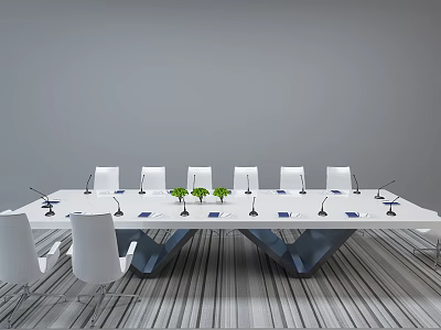 Modern White Conference Table With White Chairs Green Plants Microphones And Blue Folders 3d model