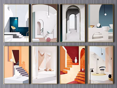 Modern Interior Design Scenes With Colorful Arches Stairs And Furniture In Various Styles 3d model