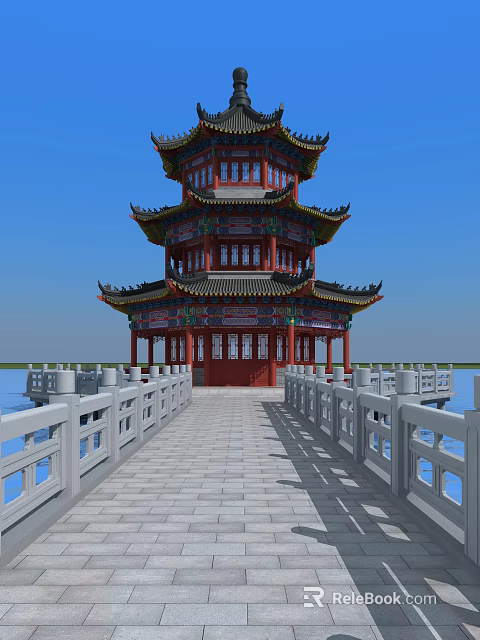 Traditional Ancient Chinese Tower With Multi Story Overhanging Eaves Red Green Decor And Water Surrounding 3d model 