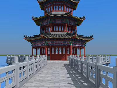 Traditional Ancient Chinese Tower With Multi Story Overhanging Eaves Red Green Decor And Water Surrounding 3d model