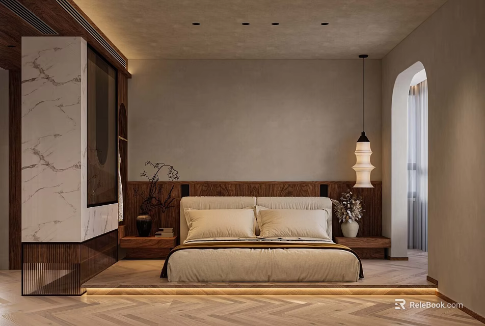 Elegant Modern Bedroom Interior With Wooden Headboard Beige Bedding Pendant Light And Herringbone Flooring 3d model 