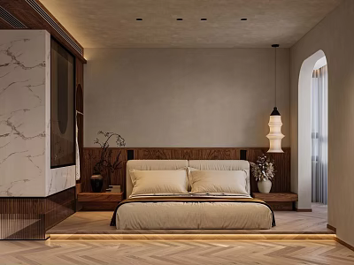 Elegant Modern Bedroom Interior With Wooden Headboard Beige Bedding Pendant Light And Herringbone Flooring 3d model