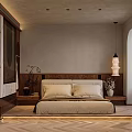 Elegant Modern Bedroom Interior With Wooden Headboard Beige Bedding Pendant Light And Herringbone Flooring