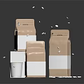Household Coffee Supplies Display With Paper Bags Cups And Scattered Beans On White Cubes
