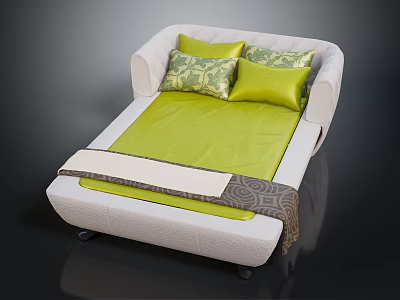 Comfortable Double Bed With White Frame Green Mattress Patterned Pillows And Decorative Bed Runner 3d model