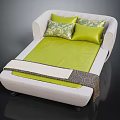 Comfortable Double Bed With White Frame Green Mattress Patterned Pillows And Decorative Bed Runner 3d model
