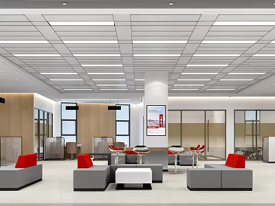 Modern Bank Interior With Open Space Lounge Sofa Seats Tables And Lighting 3d model