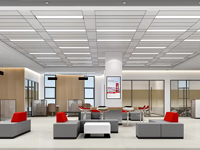 Modern Bank Interior With Open Space Lounge Sofa Seats Tables And Lighting 3d model