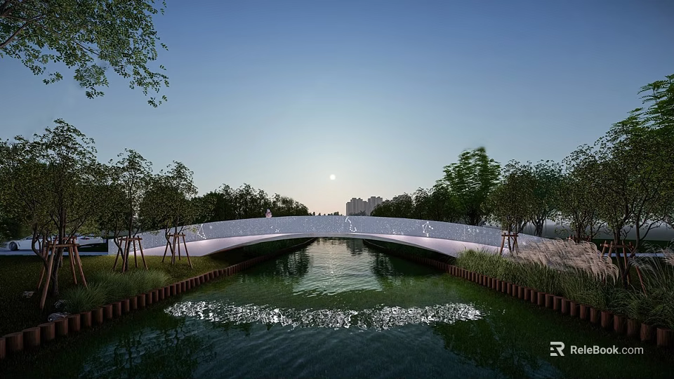 White Scenic Landscape Bridge Over Flowing River With Trees And Evening Sky 3d model 