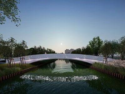 White Scenic Landscape Bridge Over Flowing River With Trees And Evening Sky 3d model
