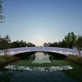 White Scenic Landscape Bridge Over Flowing River With Trees And Evening Sky