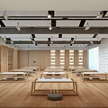 School Modern Learning Space With Long Tables Low Stools Wooden Floors Ceiling Lights And Bookshelves