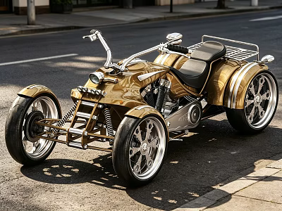 Golden Three Wheeled Motorcycle With Chrome Details And Large Wheels Parked On Urban Street 3d model