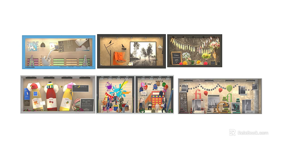 Creative Shop Window Displays Featuring Diverse Decor Items And Merchandise Arrangements 3d model 