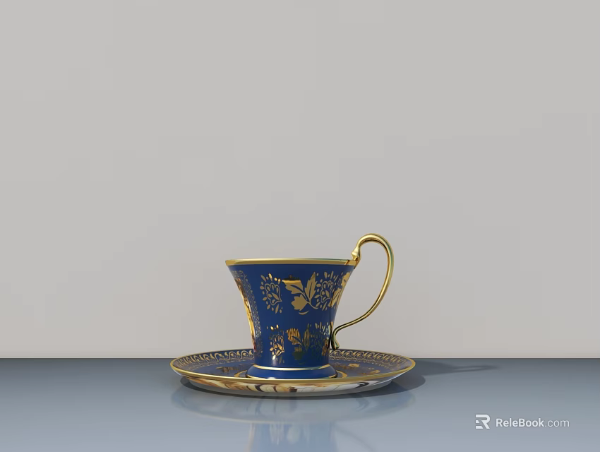Blue Cup With Golden Patterns And Matching Golden Rim Saucer On Elegant Light Background 3d model 