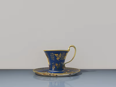 Blue Cup With Golden Patterns And Matching Golden Rim Saucer On Elegant Light Background 3d model