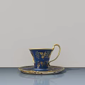 Blue Cup With Golden Patterns And Matching Golden Rim Saucer On Elegant Light Background