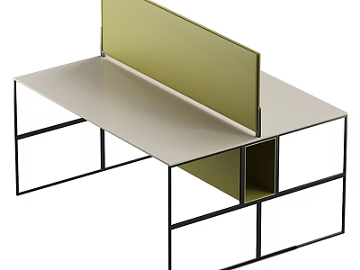 Modern Office Desk With Black Metal Frame White Tabletop And Central Green Divider 3d model