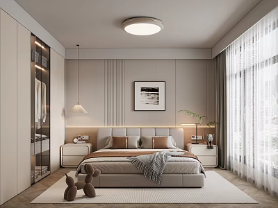 Modern Minimalist Bedroom Interior With Padded Headboard Bed Pillows Curtains And Decorative Painting 3d model