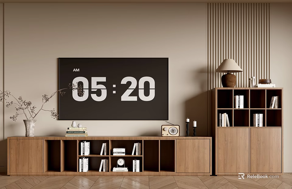 Wooden TV Stand In Modern Living Room With TV Books Radio And Decorations 3d model 