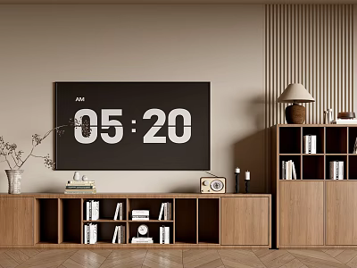 Wooden TV Stand In Modern Living Room With TV Books Radio And Decorations 3d model