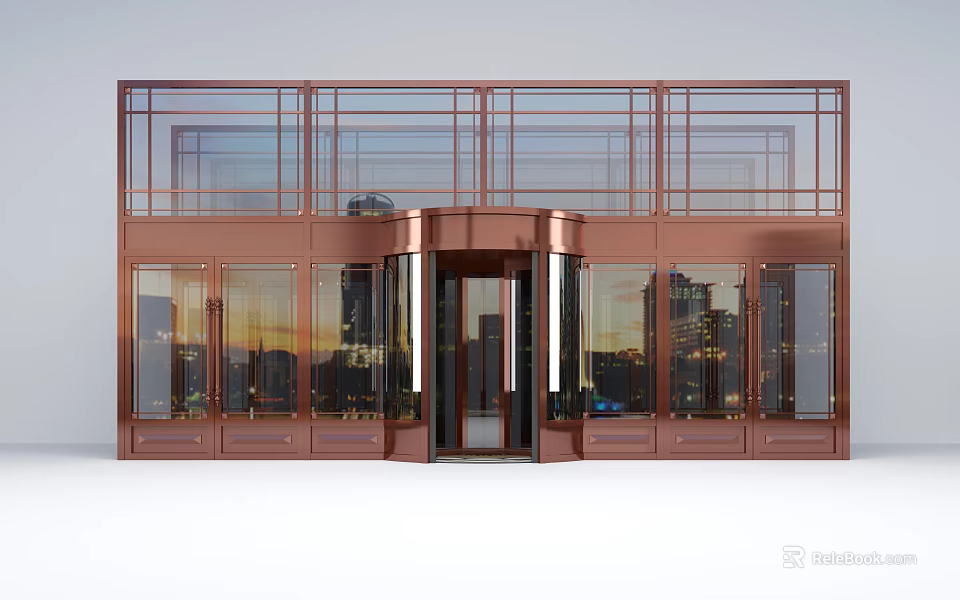 Modern Building Entrance Featuring Copper Frame Large Glass Revolving Door And City Skyline 3d model 
