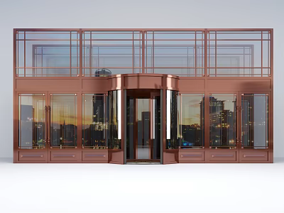 Modern Building Entrance Featuring Copper Frame Large Glass Revolving Door And City Skyline 3d model