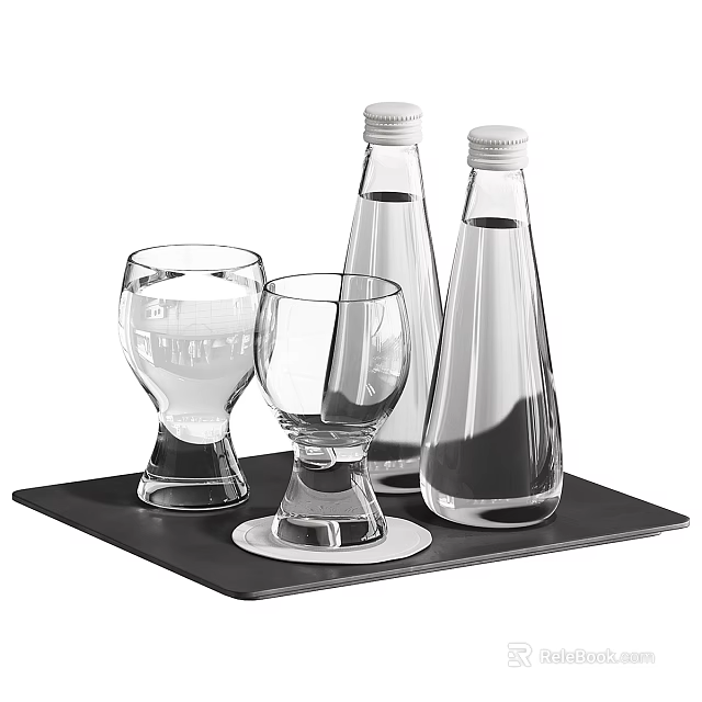 Transparent Glass Cups And Bottles Placed On Black Tray For Serving 3d model 