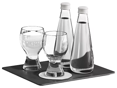 Transparent Glass Cups And Bottles Placed On Black Tray For Serving 3d model