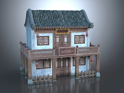 Ancient Chinese Traditional Building Featuring Two Story Tile Roof Wooden Balcony And Red Lanterns 3d model