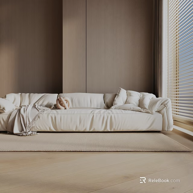 Cream Colored Three Seater Sofa With Pillows Throw Blanket Wooden Wall And Window Blinds 3d model 