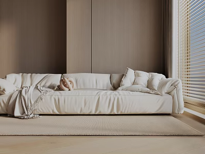 Cream Colored Three Seater Sofa With Pillows Throw Blanket Wooden Wall And Window Blinds 3d model