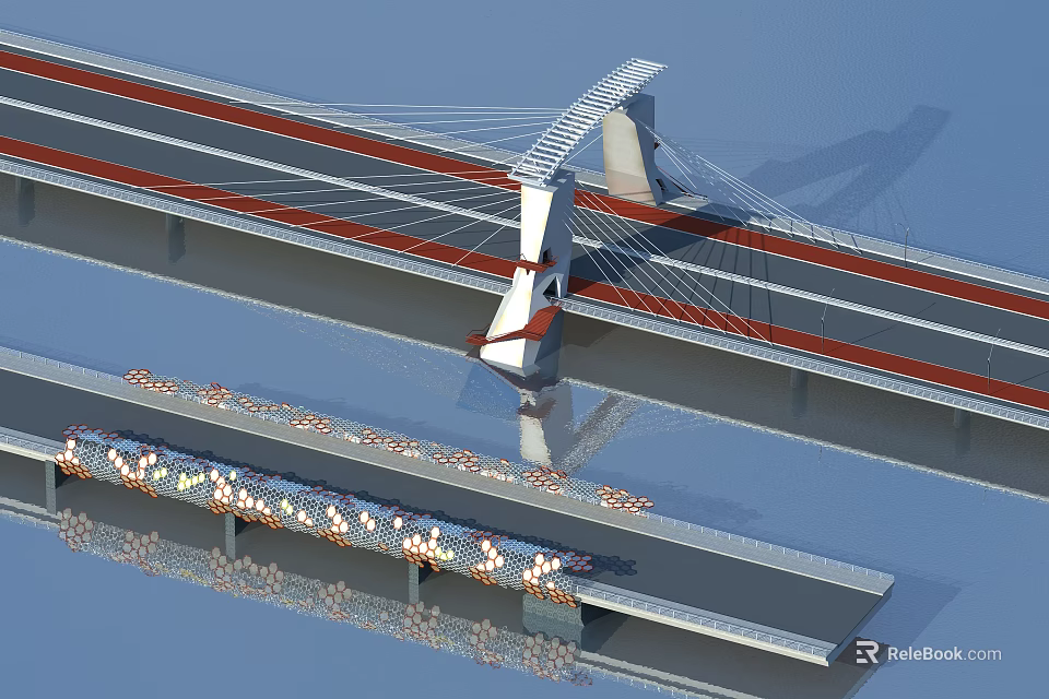 Modern Cable-Stayed Bridge Design Featuring White Pylon Red Lanes And Water Reflection 3d model 