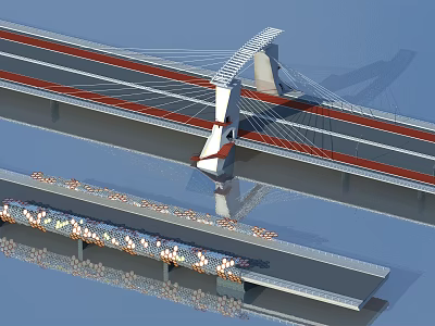 Modern Cable-Stayed Bridge Design Featuring White Pylon Red Lanes And Water Reflection 3d model